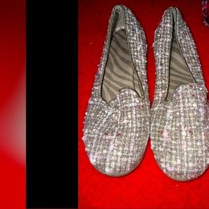 Gray pink and silver Skechers loafers